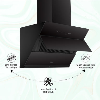 Hindware Greta Autoclean 75 Auto Clean with Powerful Suction Capacity,Motion Sensor Wall Mounted Chimney - Black 1350 CMH