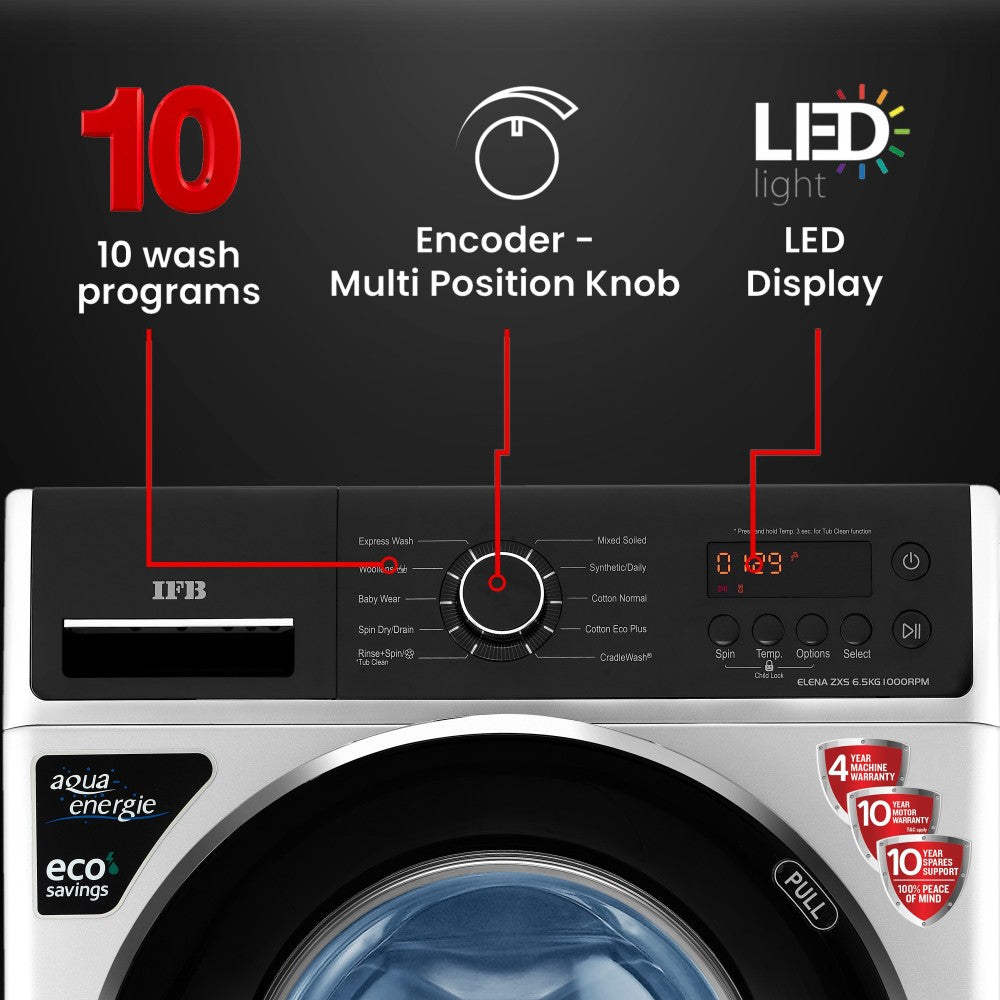 IFB 6.5 kg 5 Star 3D Wash Technology, Gentle Wash, In-built heater Fully Automatic Front Load Washing Machine with In-built Heater Silver - ELENA ZXS