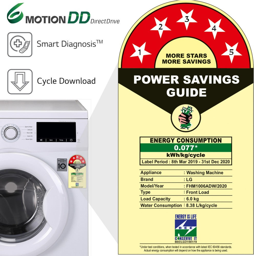 LG 6 kg 5 Star Fully Automatic Front Load Washing Machine with In-built Heater White - FHM1006ADW