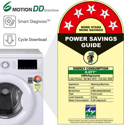 LG 6 kg 5 Star Fully Automatic Front Load Washing Machine with In-built Heater White - FHM1006ADW