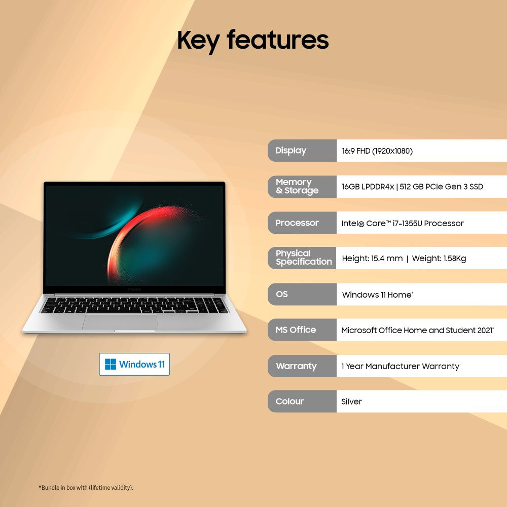 Samsung Galaxy Book3 Core i7 Core i7 13th Gen - (16GB/512GB SSD/Windows 11 Home) Galaxy Book3 पतला और हल्का लैपटॉप - 15.6 इंच, सिल्वर, 1.58 Kg, MS Office के साथ