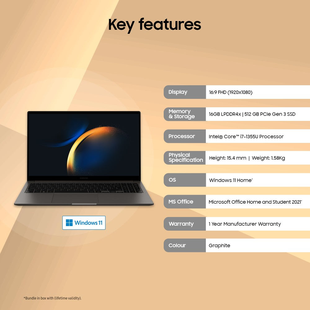 SAMSUNG Galaxy Book3 Core i7 Core i7 13th Gen - (16 GB/512 GB SSD/Windows 11 Home) Galaxy Book3 Thin and Light Laptop - 15.6 Inch, Graphite, 1.58 Kg, With MS Office