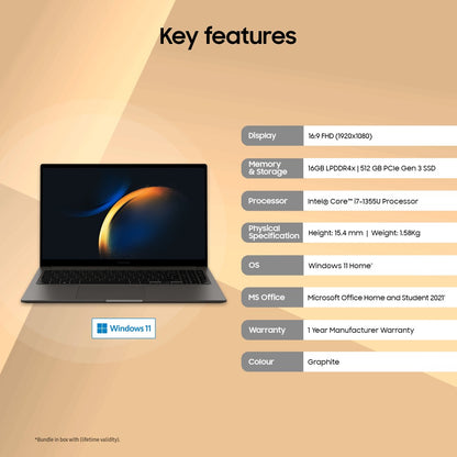 SAMSUNG Galaxy Book3 Core i7 Core i7 13th Gen - (16 GB/512 GB SSD/Windows 11 Home) Galaxy Book3 Thin and Light Laptop - 15.6 Inch, Graphite, 1.58 Kg, With MS Office