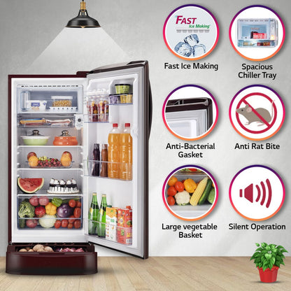 LG 201 L Direct Cool Single Door 5 Star Refrigerator with Base Drawer - Scarlet Euphoria, GL-D211HSEZ