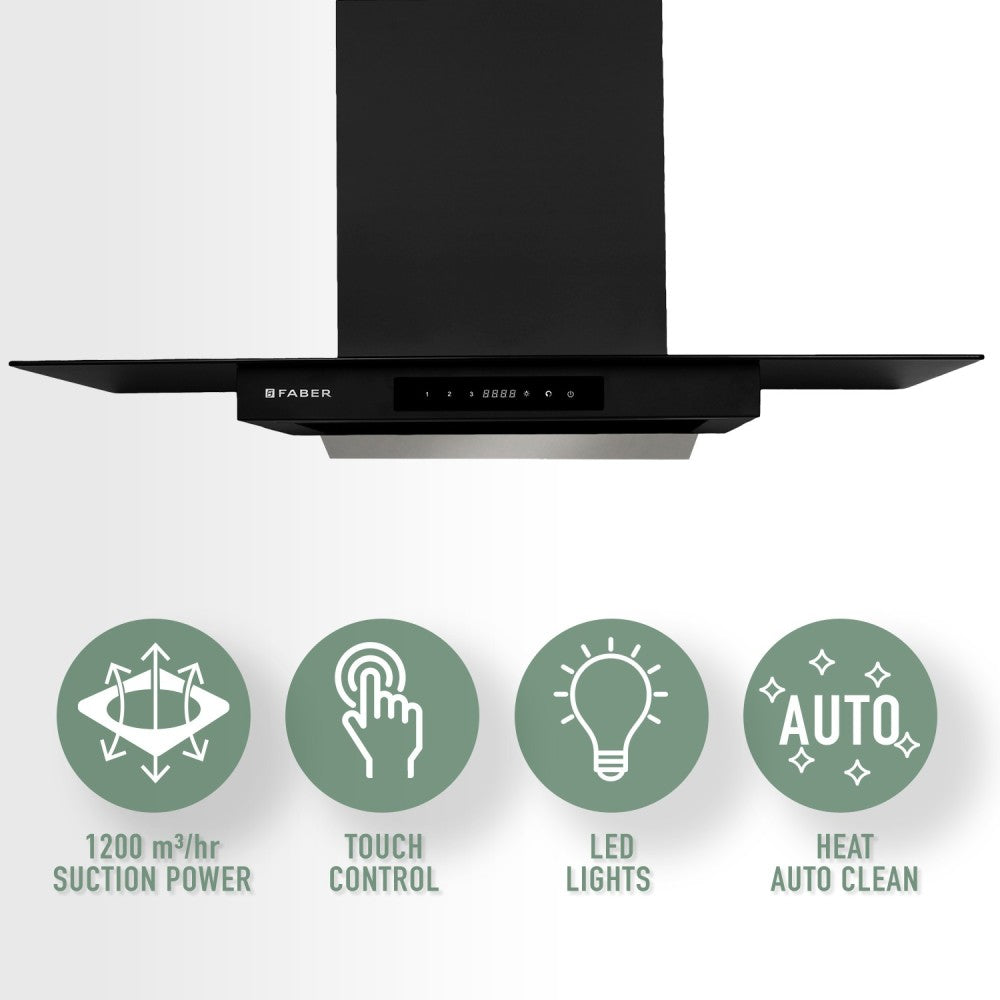 Faber Hood Mercury HC TC BK 90 Auto Clean Wall Mounted Chimney - BK Glass+Black powder coating 1200 CMH