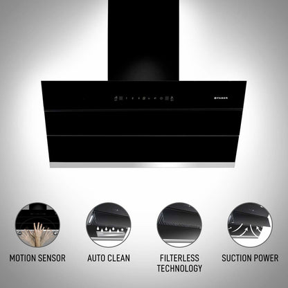 Faber Hood Zenith FL SC AC BK 90 Auto Clean with Powerful Suction Capacity,Motion Sensor Wall Mounted Chimney - Black 1350 CMH