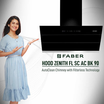 Faber Hood Zenith FL SC AC BK 90 Auto Clean with Powerful Suction Capacity,Motion Sensor Wall Mounted Chimney - Black 1350 CMH