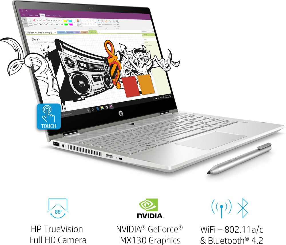 HP Pavilion x360 Core i3 8th Gen - (4 GB/1 TB HDD/8 GB SSD/Windows 10 Home/2 GB ग्राफ़िक्स) 14-cd0050TX 2 इन 1 लैपटॉप - 14 इंच, मिनरल सिल्वर, 1.68 किग्रा, एमएस ऑफिस के साथ