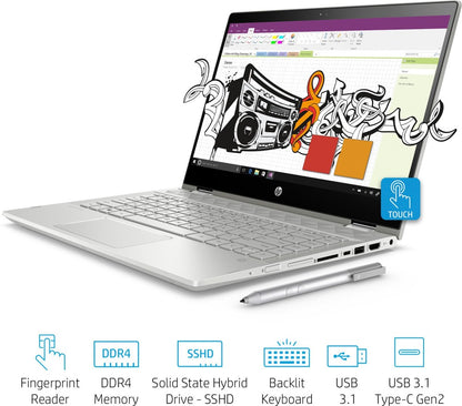 HP Pavilion x360 Core i3 8th Gen - (4 GB/1 TB HDD/8 GB SSD/Windows 10 Home/2 GB ग्राफ़िक्स) 14-cd0050TX 2 इन 1 लैपटॉप - 14 इंच, मिनरल सिल्वर, 1.68 किग्रा, एमएस ऑफिस के साथ