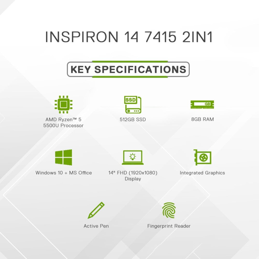 DELL Inspiron Ryzen 5 Hexa Core 5500U - (8 GB/512 GB SSD/Windows 10) Inspiron 7415 2 इन 1 लैपटॉप - 14 इंच, पेबल ग्रीन, 1.56 KG, MS ऑफिस के साथ