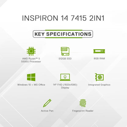 DELL Inspiron Ryzen 5 Hexa Core 5500U - (8 GB/512 GB SSD/Windows 10) Inspiron 7415 2 इन 1 लैपटॉप - 14 इंच, पेबल ग्रीन, 1.56 KG, MS ऑफिस के साथ