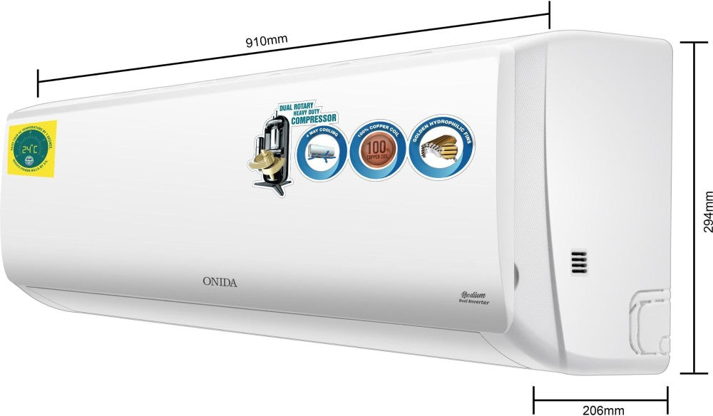 ओनिडा 1.5 टन 3 स्टार स्प्लिट डुअल इन्वर्टर एसी - सफेद - आईआर183आरएचओ, कॉपर कंडेनसर