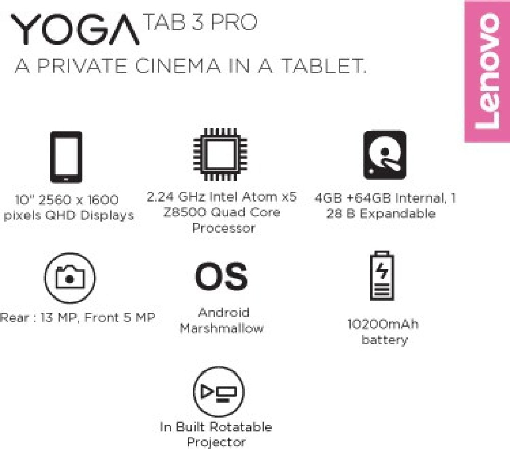 लेनोवो योगा टैब 3 प्रो 64 जीबी 10.1 इंच 4 जीबी रैम इंटीग्रेटेड रोटेटेबल प्रोजेक्टर (वाई-फाई+4जी) के साथ
