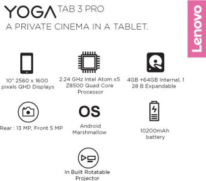 लेनोवो योगा टैब 3 प्रो 64 जीबी 10.1 इंच 4 जीबी रैम इंटीग्रेटेड रोटेटेबल प्रोजेक्टर (वाई-फाई+4जी) के साथ
