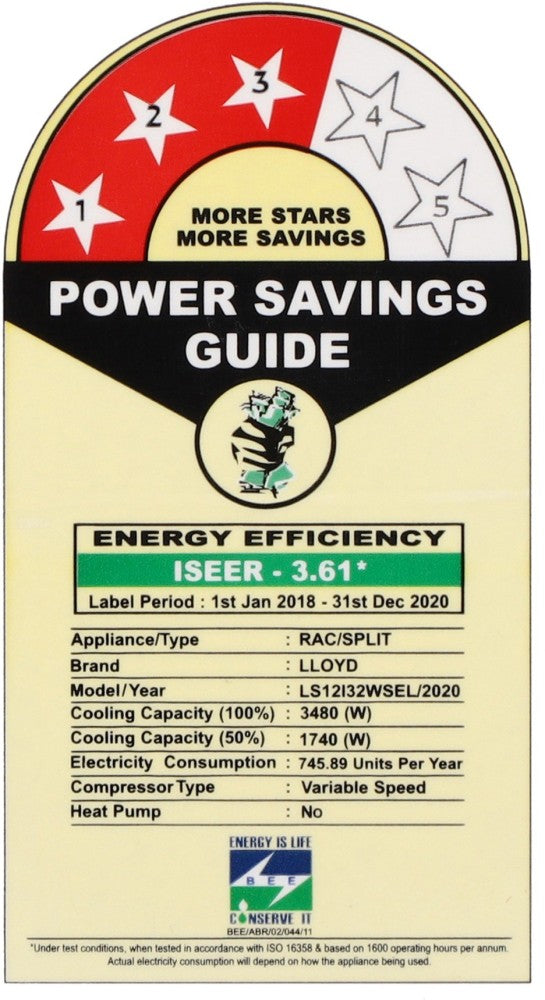 Lloyd 1 Ton 3 Star Split Inverter AC  - White - LS12I32WSEL, Copper Condenser