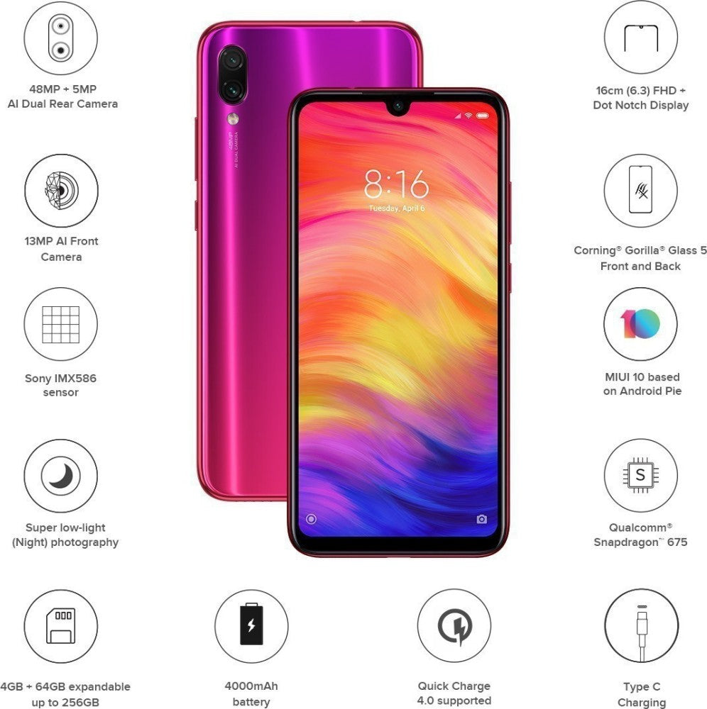 Redmi Note 7 Pro (Nebula Red, 64 GB) - 4 GB RAM