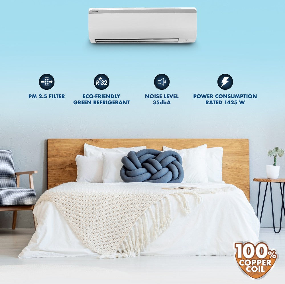 Daikin 1.5 टन 3 स्टार स्प्लिट PM 2.5 फ़िल्टर AC के साथ PM 2.5 फ़िल्टर - सफ़ेद - MTL50TV16V3/RL50TV16V3/V2A/U2/RL50TV16U3/RL50TV16U2A, कॉपर कंडेनसर