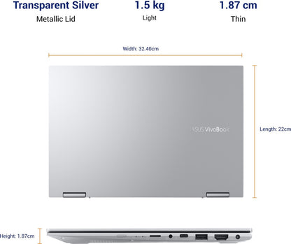 ASUS VivoBook Flip 14 (2021) Touch Panel Core i5 11th Gen - (8 GB/512 GB SSD/Windows 10 Home/4 GB Graphics) TP470EZ-EC033TS 2 in 1 Laptop - 14 inch, Transparent Silver, 1.50 kg, With MS Office