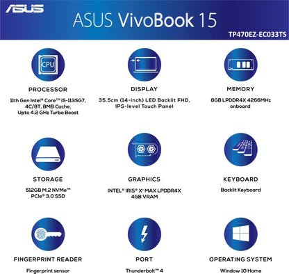 ASUS VivoBook Flip 14 (2021) Touch Panel Core i5 11th Gen - (8 GB/512 GB SSD/Windows 10 Home/4 GB Graphics) TP470EZ-EC033TS 2 in 1 Laptop - 14 inch, Transparent Silver, 1.50 kg, With MS Office