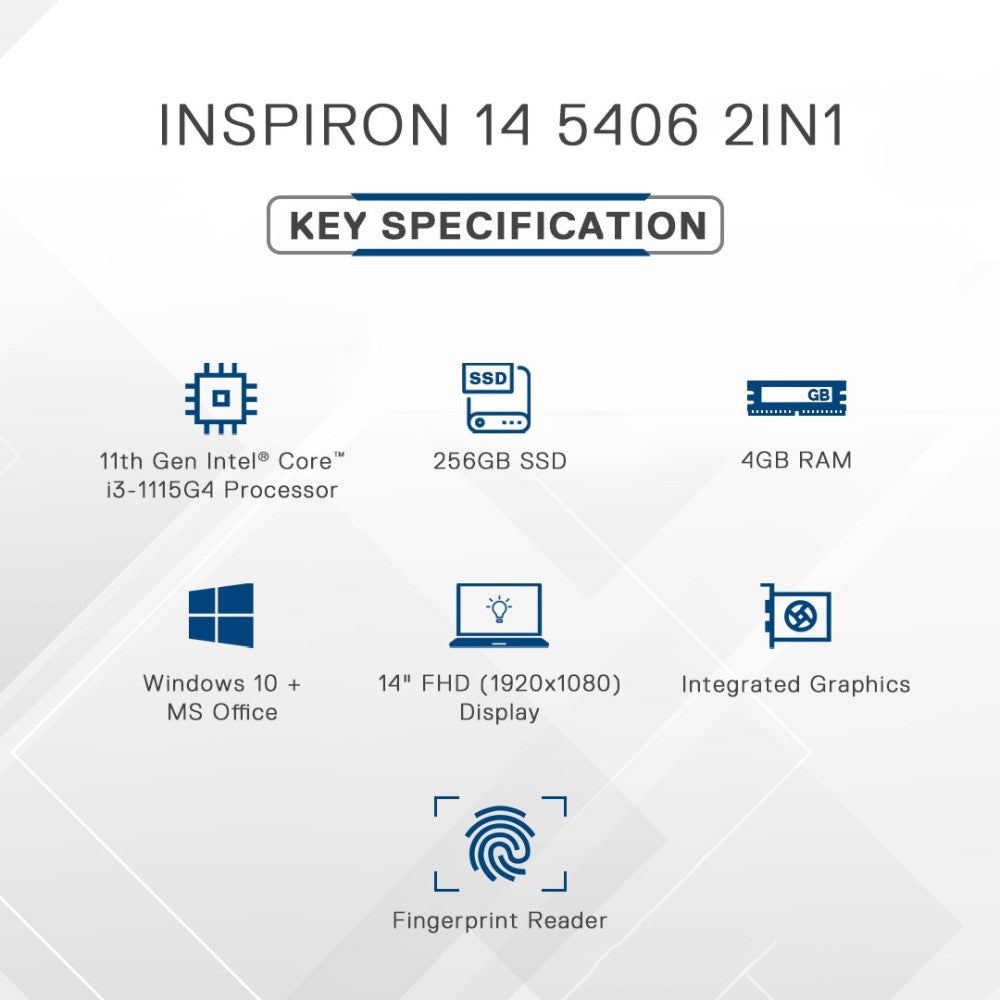डेल इंस्पिरॉन कोर i3 11वीं पीढ़ी - (4 जीबी/256 जीबी एसएसडी/विंडोज 10 होम) एनस्पिरॉन 5406 2 इन 1 लैपटॉप - 14 इंच, सिल्वर, 1.72 किलोग्राम, एमएस ऑफिस के साथ