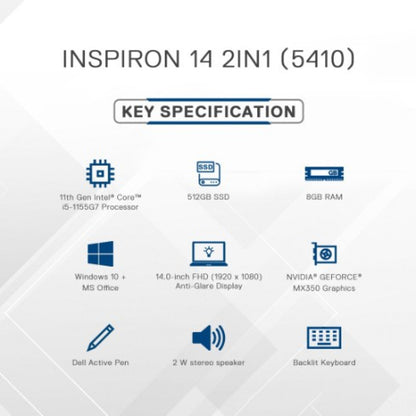 DELL Inspiron Core i5 11th Gen - (8 GB/512 GB SSD/Windows 10/2 GB Graphics) Inspiron 5410 2 in 1 Laptop - 14 inch, Platinum Silver, 1.5 Kg, With MS Office