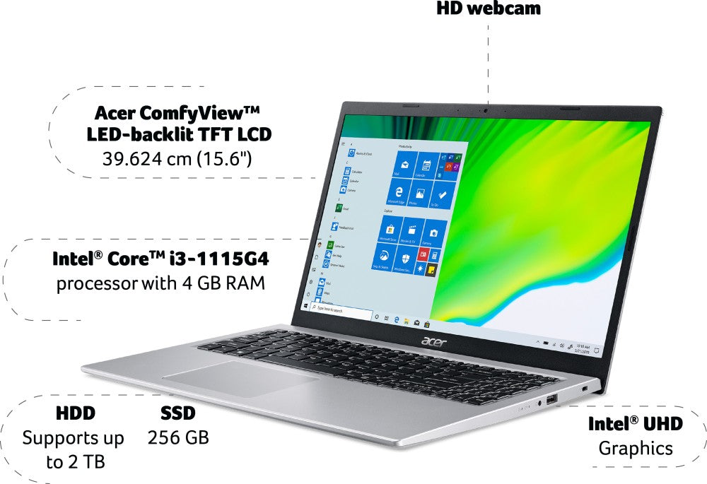 एसर एस्पायर 5 कोर आई3 11वीं पीढ़ी - (4 जीबी/256 जीबी एसएसडी/विंडोज 10 होम) ए515-56 पतला और हल्का लैपटॉप - 15.6 इंच, सिल्वर, 1.65 किलोग्राम, एमएस ऑफिस के साथ