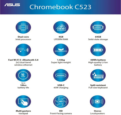 ASUS क्रोमबुक टच इंटेल सेलेरॉन डुअल कोर - (4 जीबी/64 जीबी ईएमएमसी स्टोरेज/क्रोम ओएस) C523NA-A20303 क्रोमबुक - 15.6 इंच, सिल्वर, 1.69 किलोग्राम