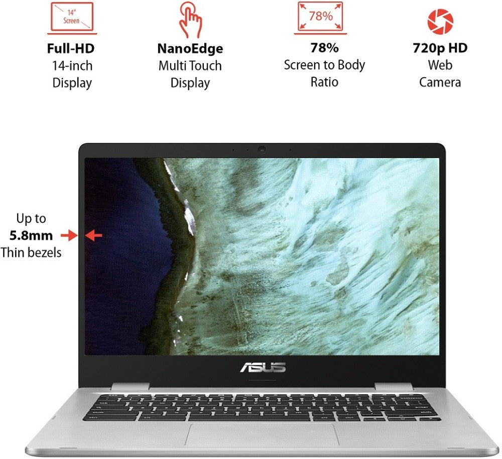 ASUS क्रोमबुक टच इंटेल सेलेरॉन डुअल कोर - (4 जीबी/64 जीबी ईएमएमसी स्टोरेज/क्रोम ओएस) C423NA-BZ0522 क्रोमबुक - 14 इंच, सिल्वर, 1.34 किलोग्राम