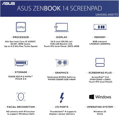 Asus Zenbook 14 स्क्रीनपैड टच पैनल कोर i7 11वीं जेनरेशन - (16GB/1TB SSD/Windows 10 Home/2GB ग्राफ़िक्स) UX435EG-AI701TS पतला और हल्का लैपटॉप - 14 इंच, पाइन ग्रे, 1.29 kg, MS Office के साथ