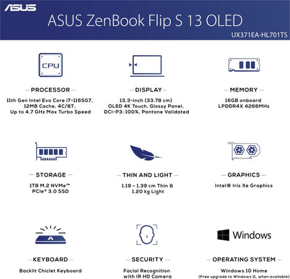 ASUS ZenBook Flip S OLED Core i7 11th Gen Intel EVO - (16 GB/1 TB SSD/Windows 10 Home) UX371EA-HL701TS पतला और हल्का लैपटॉप - 13.3 इंच, जेड ब्लैक, 1.20 किग्रा, एमएस ऑफिस के साथ