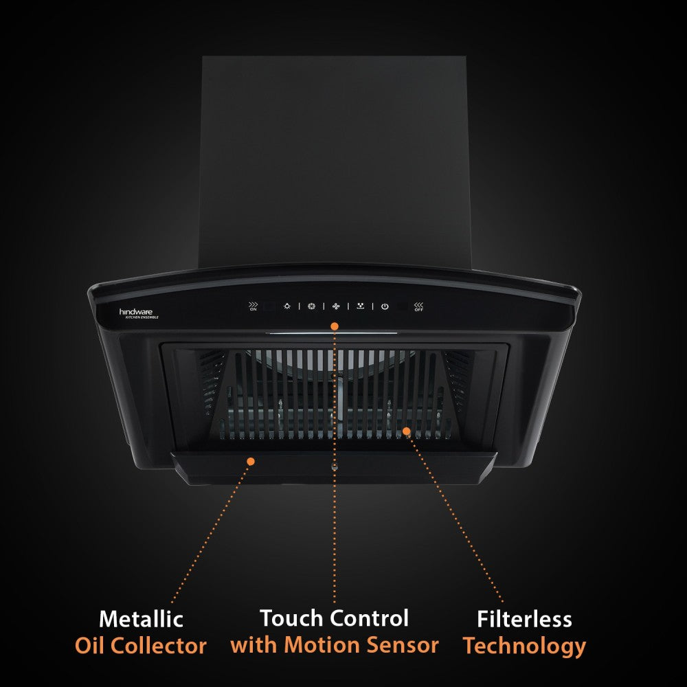 हिंदवेयर नादिया 60 सेमी 1200 क्यूब/घंटा फिल्टर रहित मोशन सेंसर ऑटो क्लीन वॉल माउंटेड चिमनी - काला 1350 सीएमएच