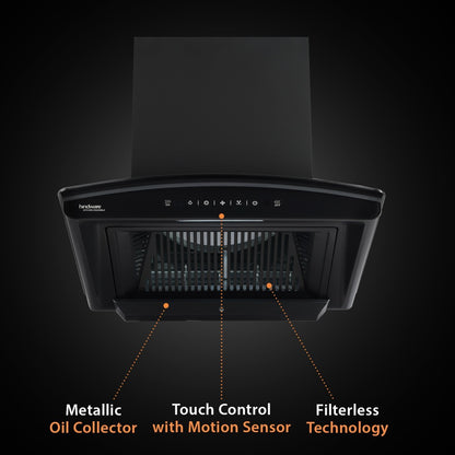 हिंदवेयर नादिया 60 सेमी 1200 क्यूब/घंटा फिल्टर रहित मोशन सेंसर ऑटो क्लीन वॉल माउंटेड चिमनी - काला 1350 सीएमएच