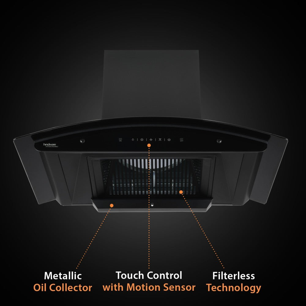 हिंदवेयर नादिया 90 सेमी 1200 क्यूब/घंटा फिल्टर रहित मोशन सेंसर ऑटो क्लीन वॉल माउंटेड चिमनी - काला 1350 सीएमएच