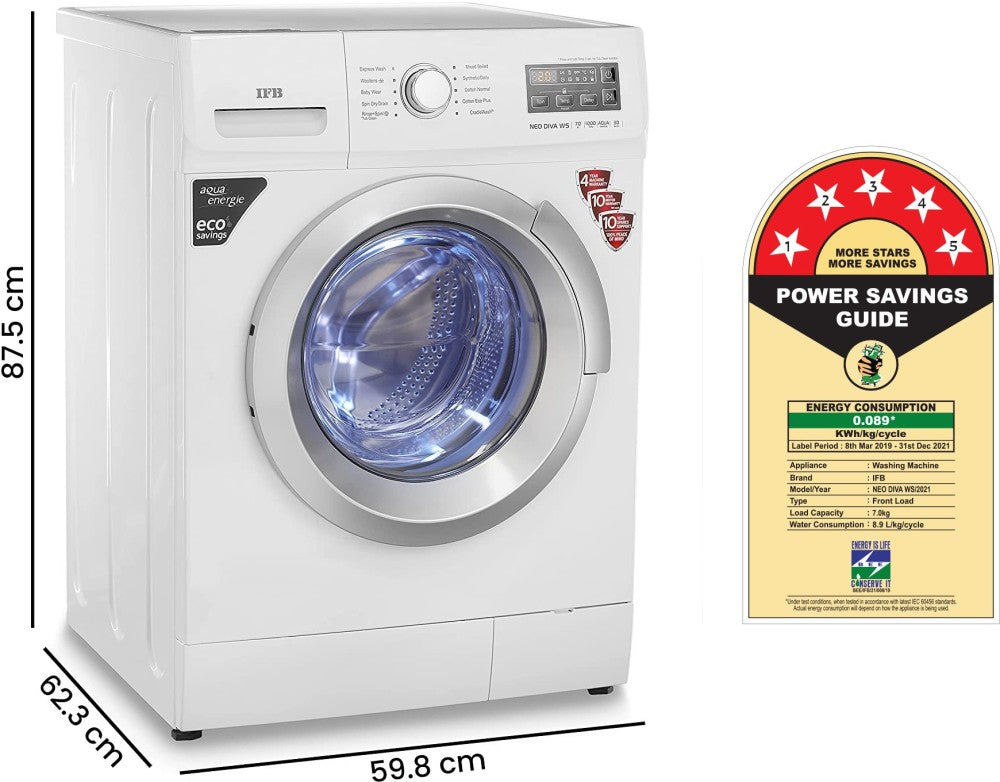 IFB 7 kg In-Built Anticrease, Auto Tub Clean, Delay Start Fully Automatic Front Load Washing Machine with In-built Heater White - NEO DIVA WS 7010