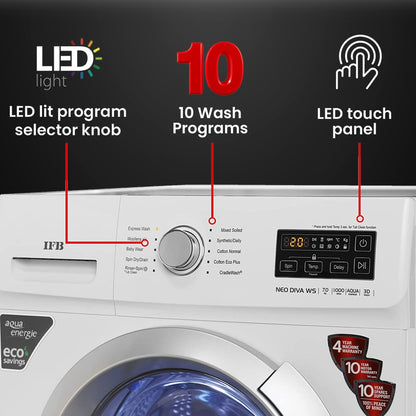 IFB 7 kg In-Built Anticrease, Auto Tub Clean, Delay Start Fully Automatic Front Load Washing Machine with In-built Heater White - NEO DIVA WS 7010