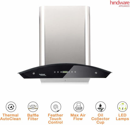 Hindware Nevio 60  Auto Clean Wall Mounted Chimney - Brushed Silver/Inox 1200 CMH/m3/h