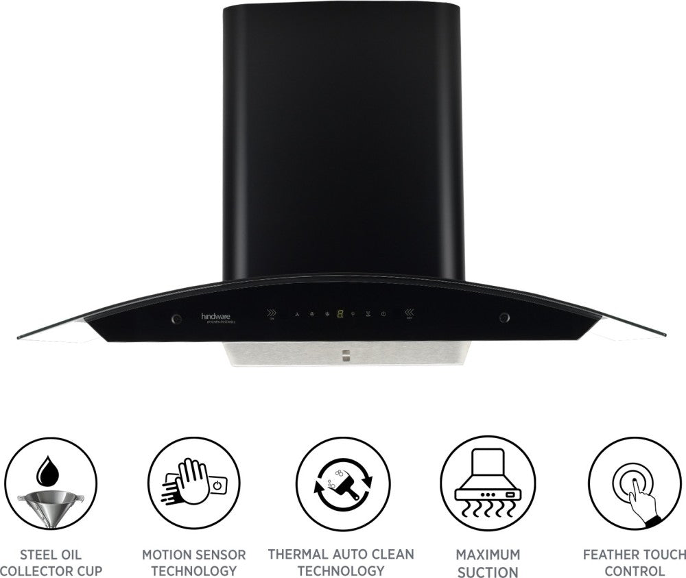 Hindware Nevio Plus 90  Auto Clean Wall Mounted Chimney - Black 1400 CMH