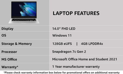 सैमसंग गैलेक्सी बुक गो स्नैपड्रैगन 7सी जेन 2 - (4 जीबी/128 जीबी ईएमएमसी स्टोरेज/विंडोज 11 होम) NP340XLA-KA1IN पतला और हल्का लैपटॉप - 14 इंच, सिल्वर, 1.38 किलोग्राम, एमएस ऑफिस के साथ