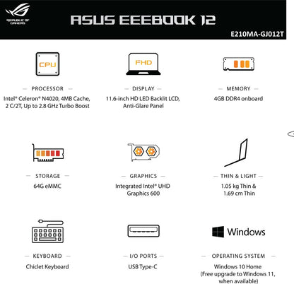 ASUS EeeBook 12 Celeron Dual Core 4th Gen - (4 GB/64 GB EMMC Storage/Windows 10 Home) E210MA-GJ012T Thin and Light Laptop - 11.6 inch, Peacock Blue, 1.05 Kg