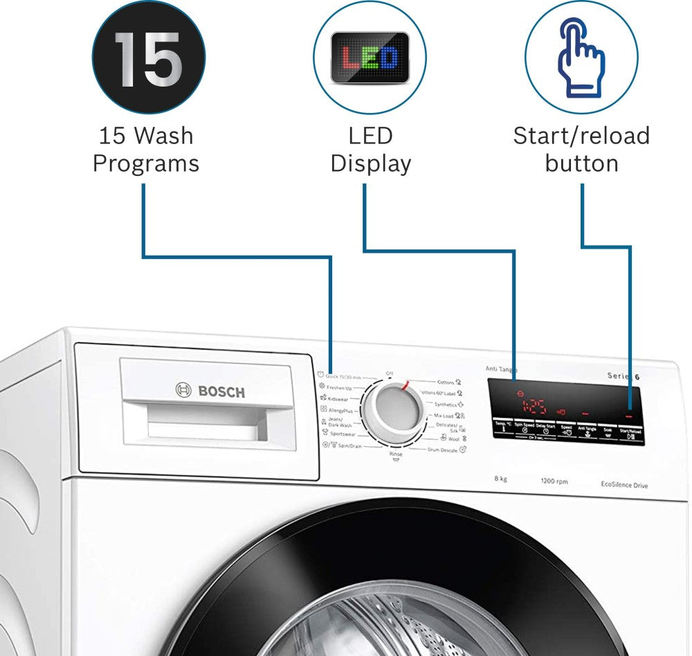 BOSCH 8 kg AntiTangle,AntiVibration,1200RPM Fully Automatic Front Load Washing Machine with In-built Heater White - WAJ2426MIN