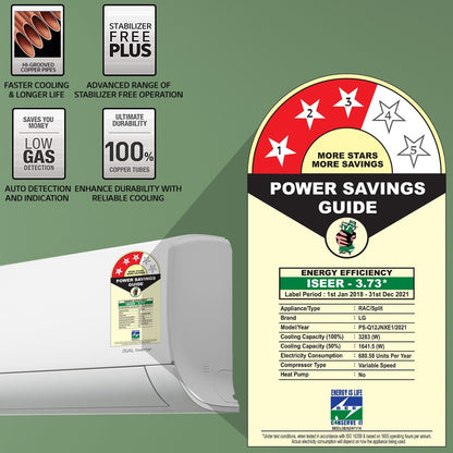 LG 1 टन 3 स्टार स्प्लिट डुअल इन्वर्टर AC - सफ़ेद - PS-Q12JNXE1, कॉपर कंडेनसर