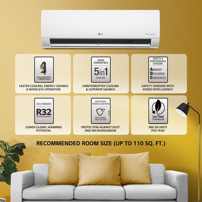 LG Super Convertible 5-in-1 Cooling 1 Ton 3 Star Split Dual Inverter HD Filter with Anti-Virus Protection AC  - White - PS-Q12BNXE1, Copper Condenser