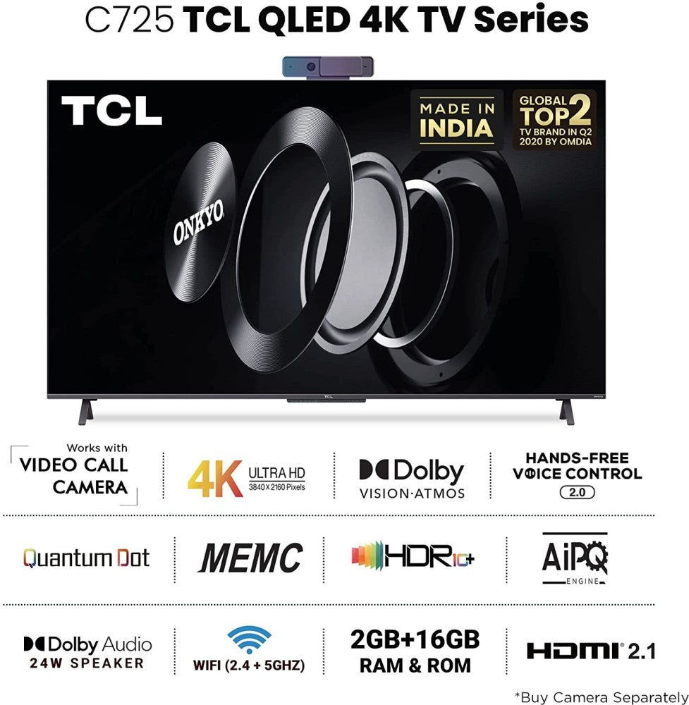 TCL C725 126 cm (50 inch) QLED Ultra HD (4K) Smart Android TV (Black) 2021 Model Works with Video Call Camera - 50C725
