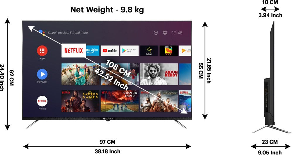 कोडक सीए सीरीज़ 108 सेमी (43 इंच) अल्ट्रा एचडी (4K) एलईडी स्मार्ट एंड्रॉइड टीवी डॉल्बी डिजिटल प्लस और डीटीएस ट्रूसराउंड के साथ - 43CA2022