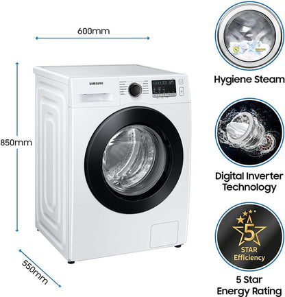 SAMSUNG 8 kg 5 Star With Hygiene Steam and Digital Inverter Fully Automatic Front Load Washing Machine with In-built Heater White - WW80T4040CE1TL