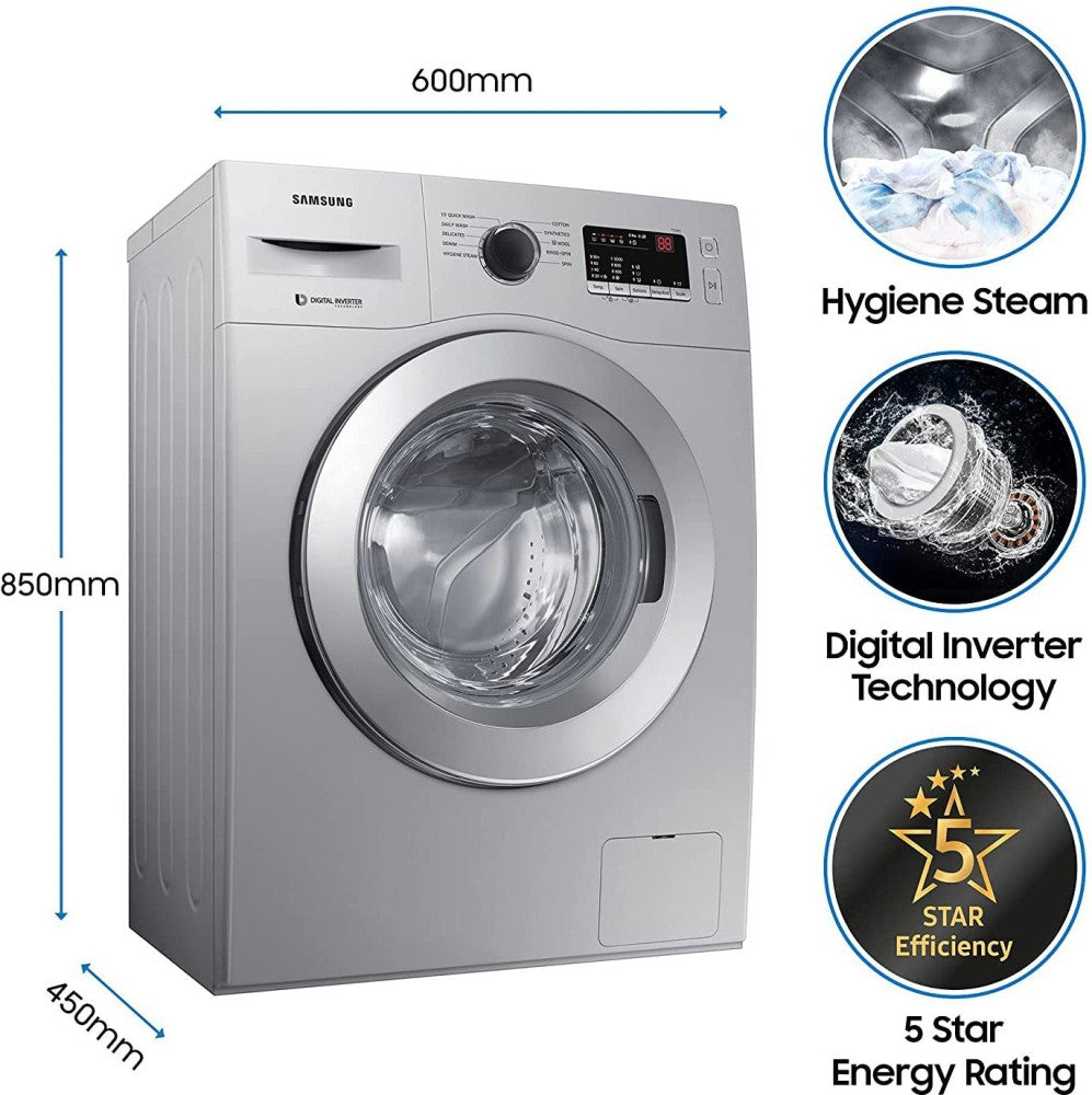 SAMSUNG 6 kg 5 Star With Hygiene Steam and Ceramic Heater Fully Automatic Front Load Washing Machine with In-built Heater Silver - WW60R20GLSS/TL