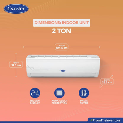 CARRIER 2 Ton 3 Star Split Auto Cleanser, Dual Filtration with HD and PM2.5 Filter AC  - White - 24K 3 STAR ESTER Cx SPLIT AC, Copper Condenser