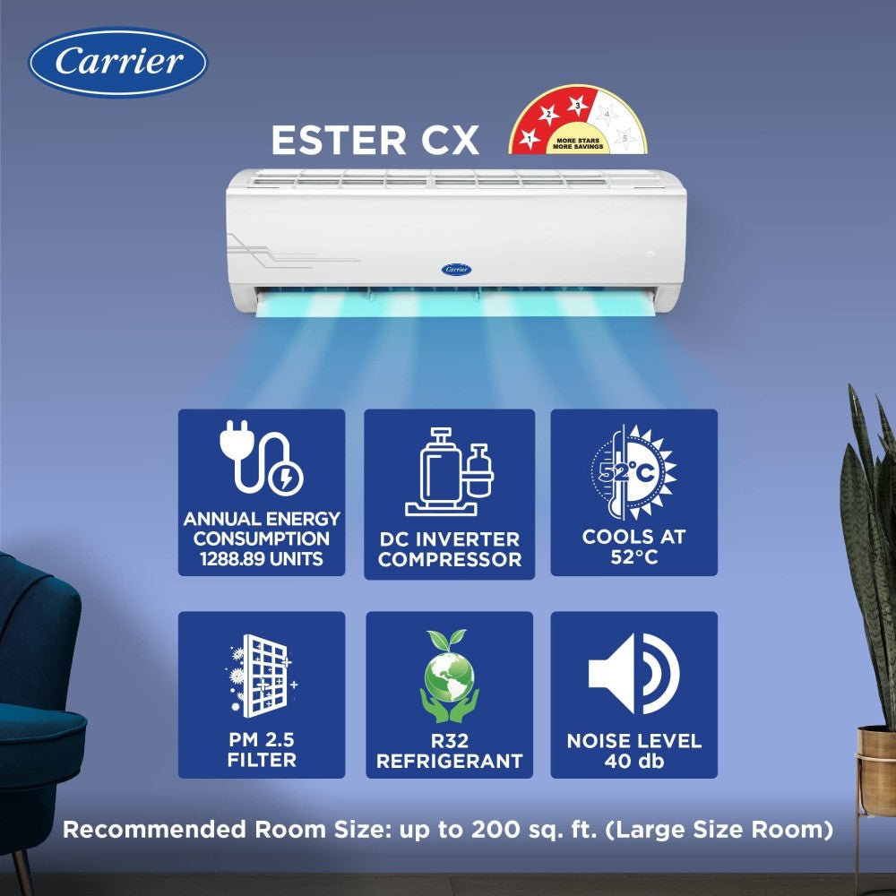 CARRIER 2 Ton 3 Star Split Auto Cleanser, Dual Filtration with HD and PM2.5 Filter AC  - White - 24K 3 STAR ESTER Cx SPLIT AC, Copper Condenser