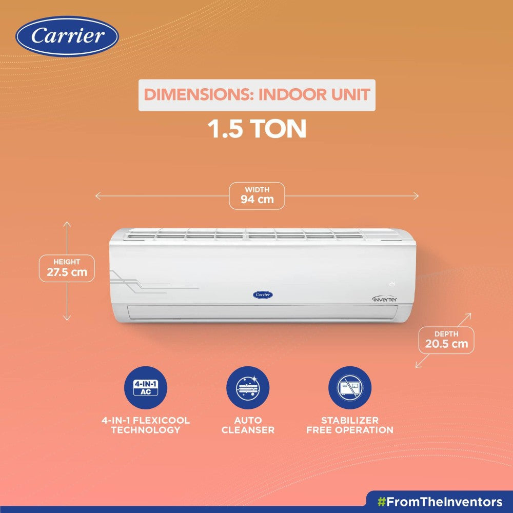 CARRIER 1.5 Ton 3 Star Split Inverter AC  - White - 18K ESTER DXi INVERTER R32 SPLIT AC_CAI18ES3R32F0, Copper Condenser