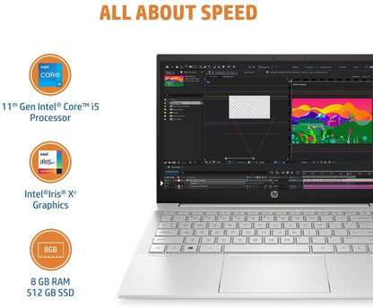 एचपी पवेलियन इंटेल कोर i5 11वीं पीढ़ी - (8 जीबी/512 जीबी एसएसडी/विंडोज 11 होम) 14-डीवी1000टीयू पतला और हल्का लैपटॉप - 14 इंच, नेचुरल सिल्वर, 1.41 किलोग्राम, एमएस ऑफिस के साथ